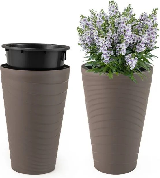 Conjunto de 2 vasos decorativos de 45 cm com cubo interior em plástico, orifícios de drenagem e 2 alças práticas com textura em espiral para jardim Ca