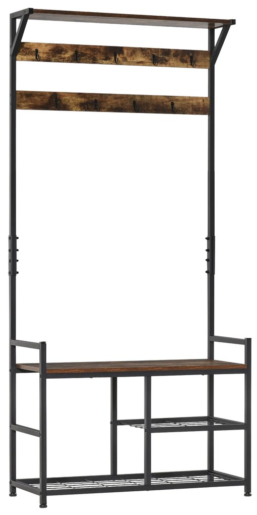 HOMCOM Móvel Cabide de Entrada com 3 Prateleiras 9 Ganchos Armário de Entrada com Cabides de Estilo Industrial 84x34,5x180cm Marrom