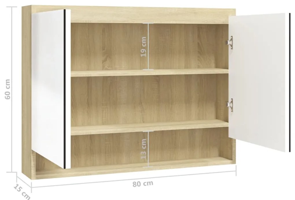 Armário espelhado p/ casa banho 80x15x60 cm MDF branco/carvalho