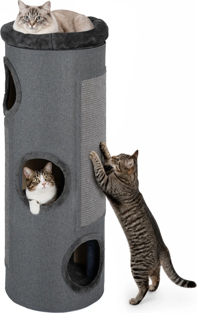 Arranhador para Gatos, 43 x 43 x 113 cm, 3 Grutas de Refúgio, Cinzento escuro