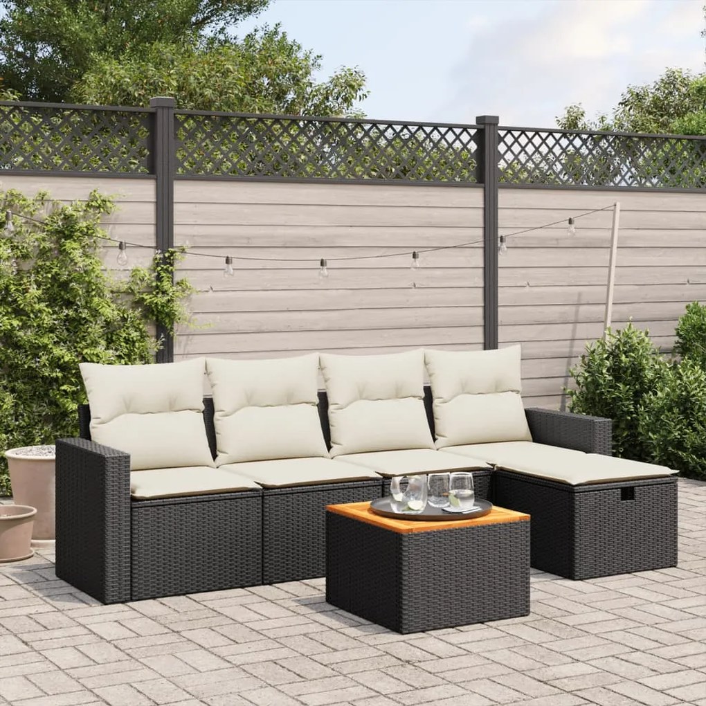 6 pcs conjunto sofás de jardim c/ almofadões vime PE preto