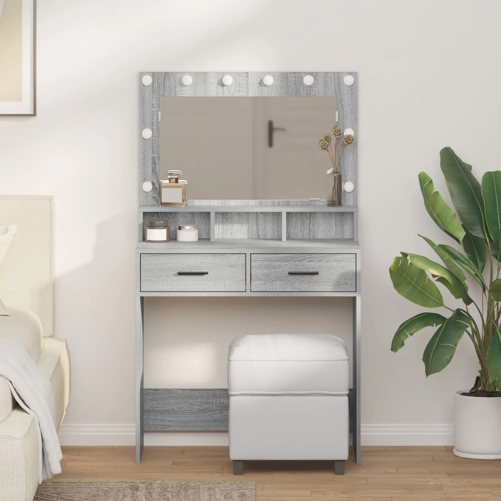 Mesa de Maquiagem vidaXL com Luzes LED Cinza Sonoma 79x41x135 cm