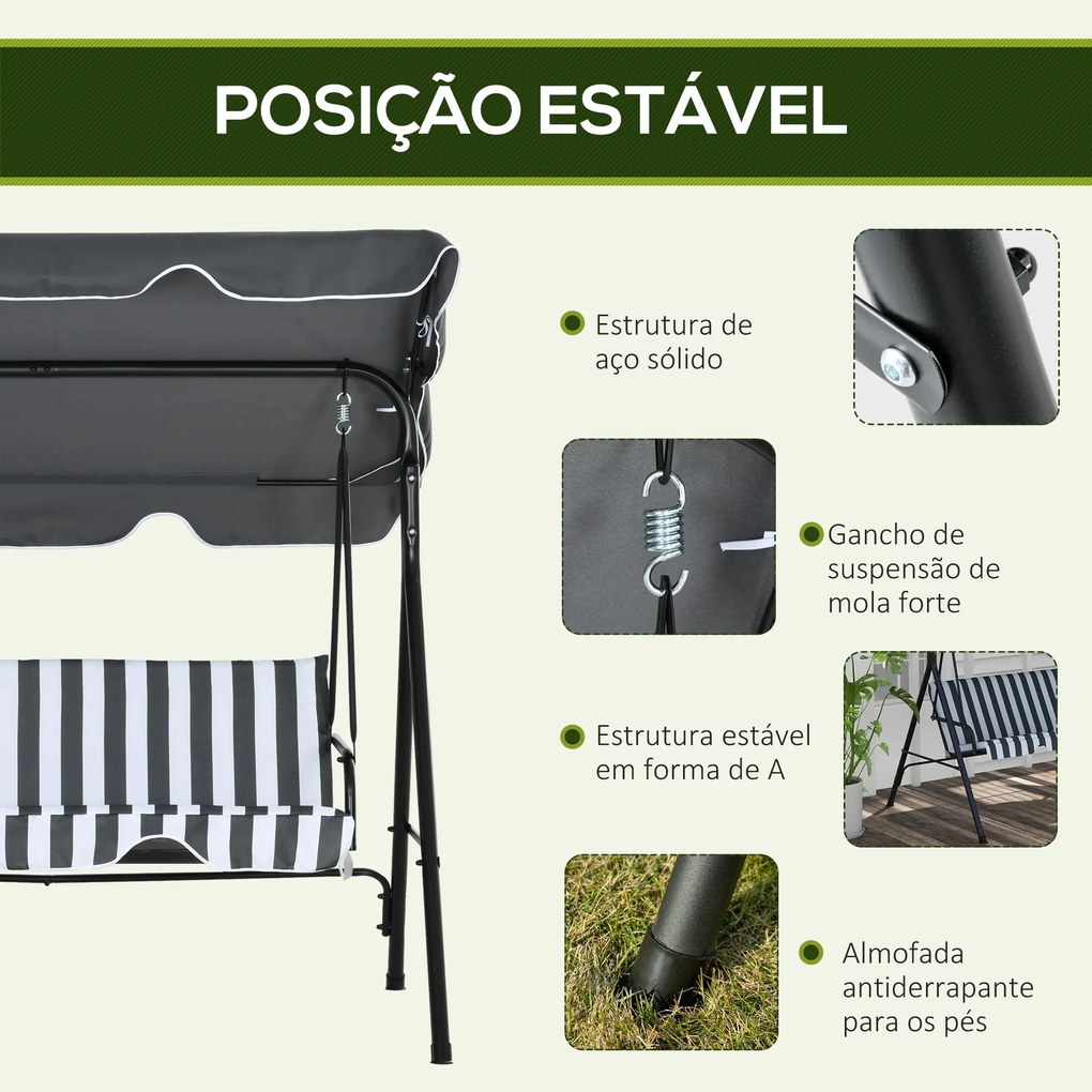 Balanço de Jardim Exterior Baloiço de 3 Lugares com Toldo Ajustável e Estrutura de Aço 172x110x153 cm Cinzento e Branco