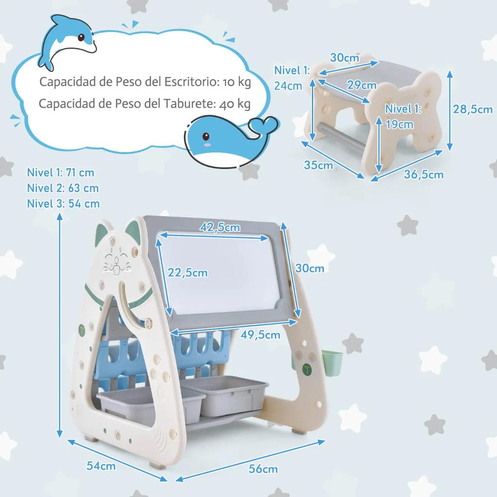 Cavalete Arte Infantil com Banco Ajustável Magnético Branco Quadro Dupla Face com Mesa Dobrável 56 x 54 x 63 cm Azul