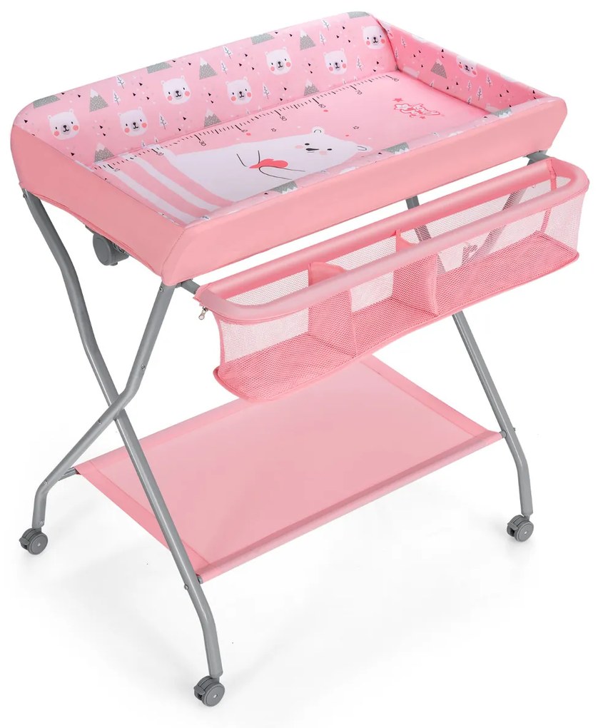 Mesa muda-fraldas para crianças com rodas dobráveis com fecho Mesa Trocador com cesto grande 93 x 68 x 103 cm Rosa