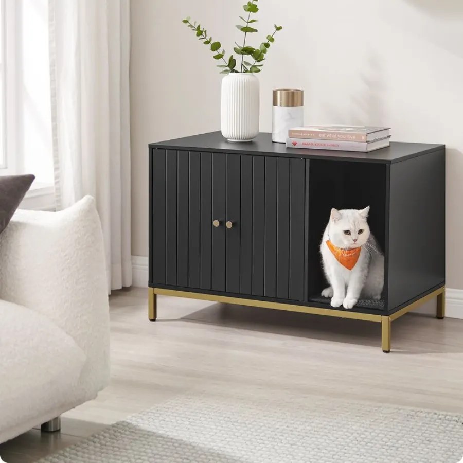 Móvel para caixa areia Gatos com tapete para arranhar 80 x 50 x 55 cm preto-dourado