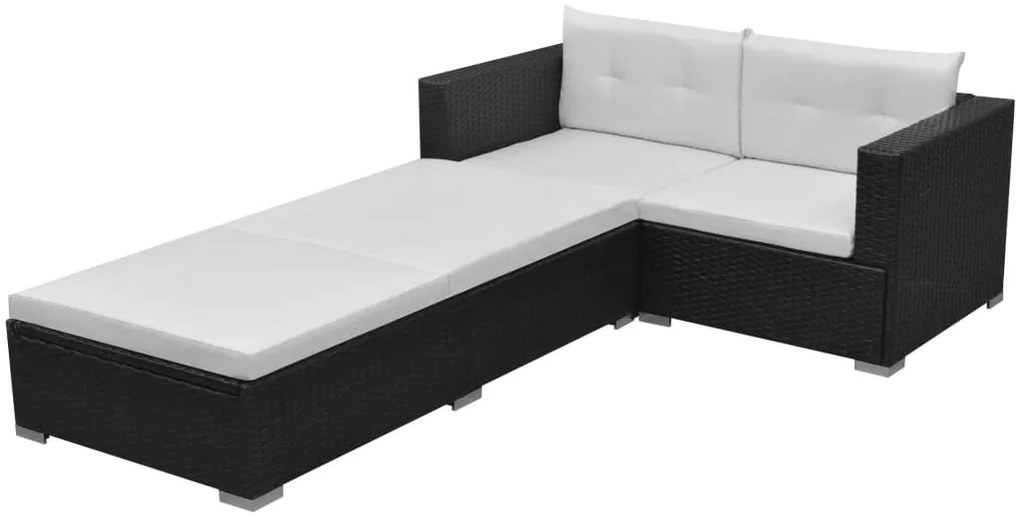 3 pcs conjunto lounge de jardim c/ almofadões vime PE preto