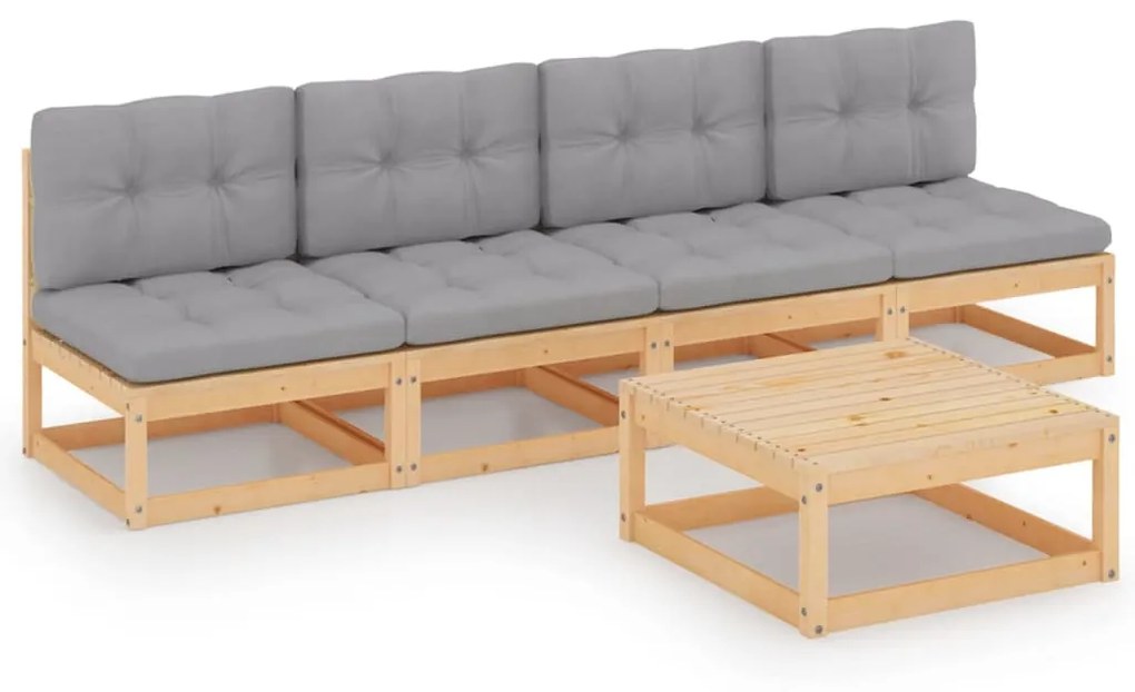 vidaXL 5 pcs conjunto lounge de jardim c/ almofadões pinho maciço