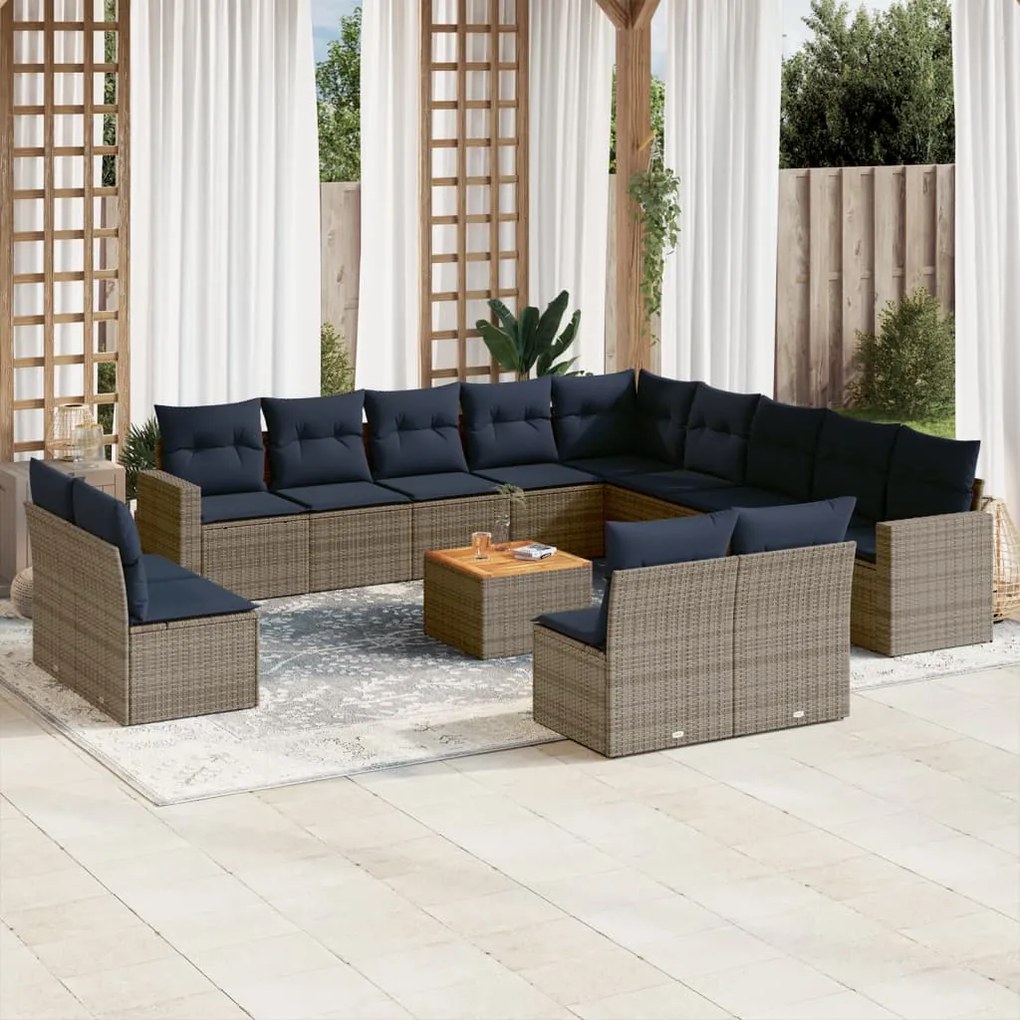 14 pcs conjunto sofás p/ jardim c/ almofadões vime PE cinzento