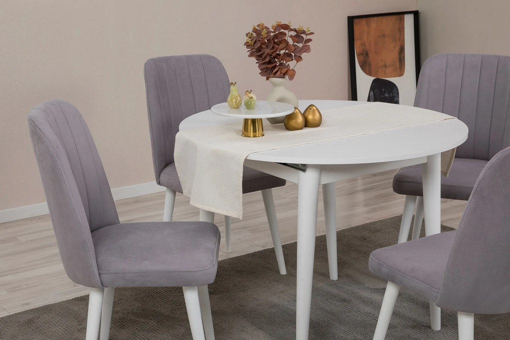 Conjunto de Mesa de Jantar Extensível e Cadeiras Vina – Branco e Cinze