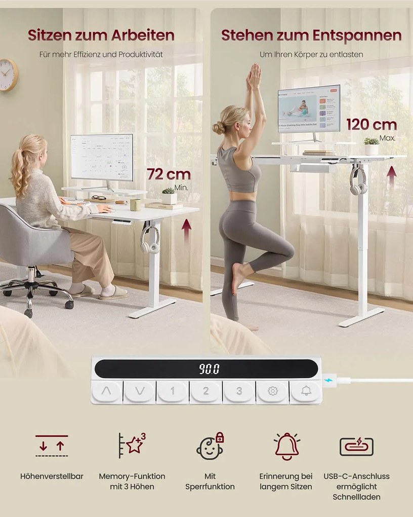 Secretária elétrica com altura ajustável 140 x 70 x 70 x (72-120) cm, suporte para monitor e USB Branca