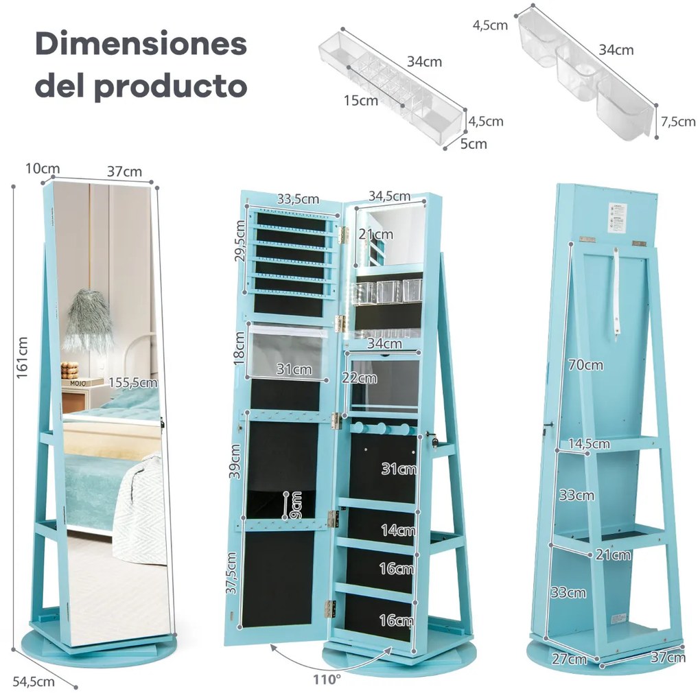 Armário joias giratório com Espelho de corpo inteiro 360° com luzes LED Prateleiras de armazenamento 54,5 x 161 cm Azul