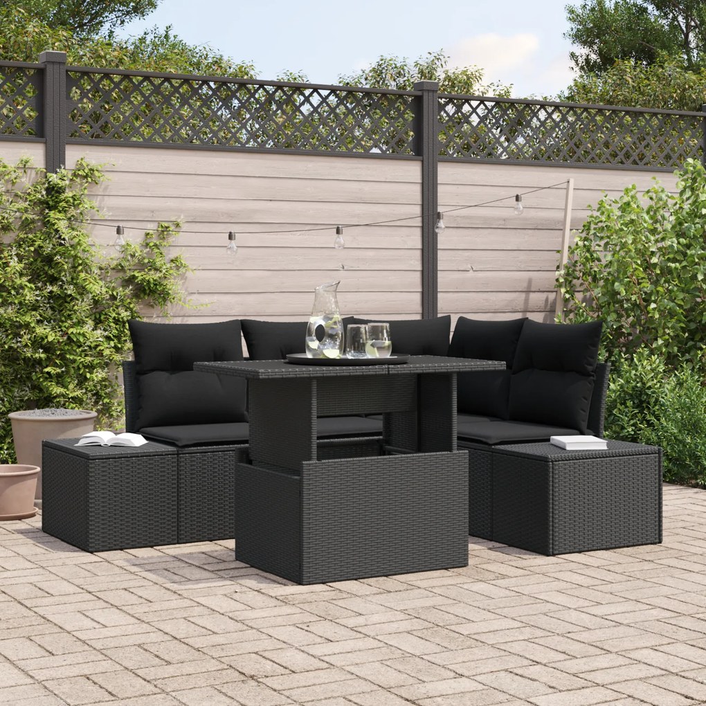 Conjunto de Sofá de Jardim de 5 Peças com Almofadas Preto Rattan