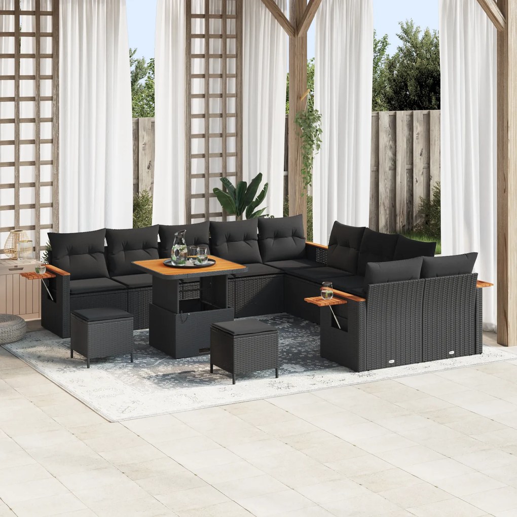 vidaXL Conjunto de Sofá de Jardim com 13 Peças e Almofadas Preto Rattan Poliéster