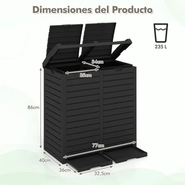 Caixote do lixo duplo de 235 L com bandeja para líquidos e tampas escalonadas para interiores e exteriores 77 x 40 x 86 cm Preto