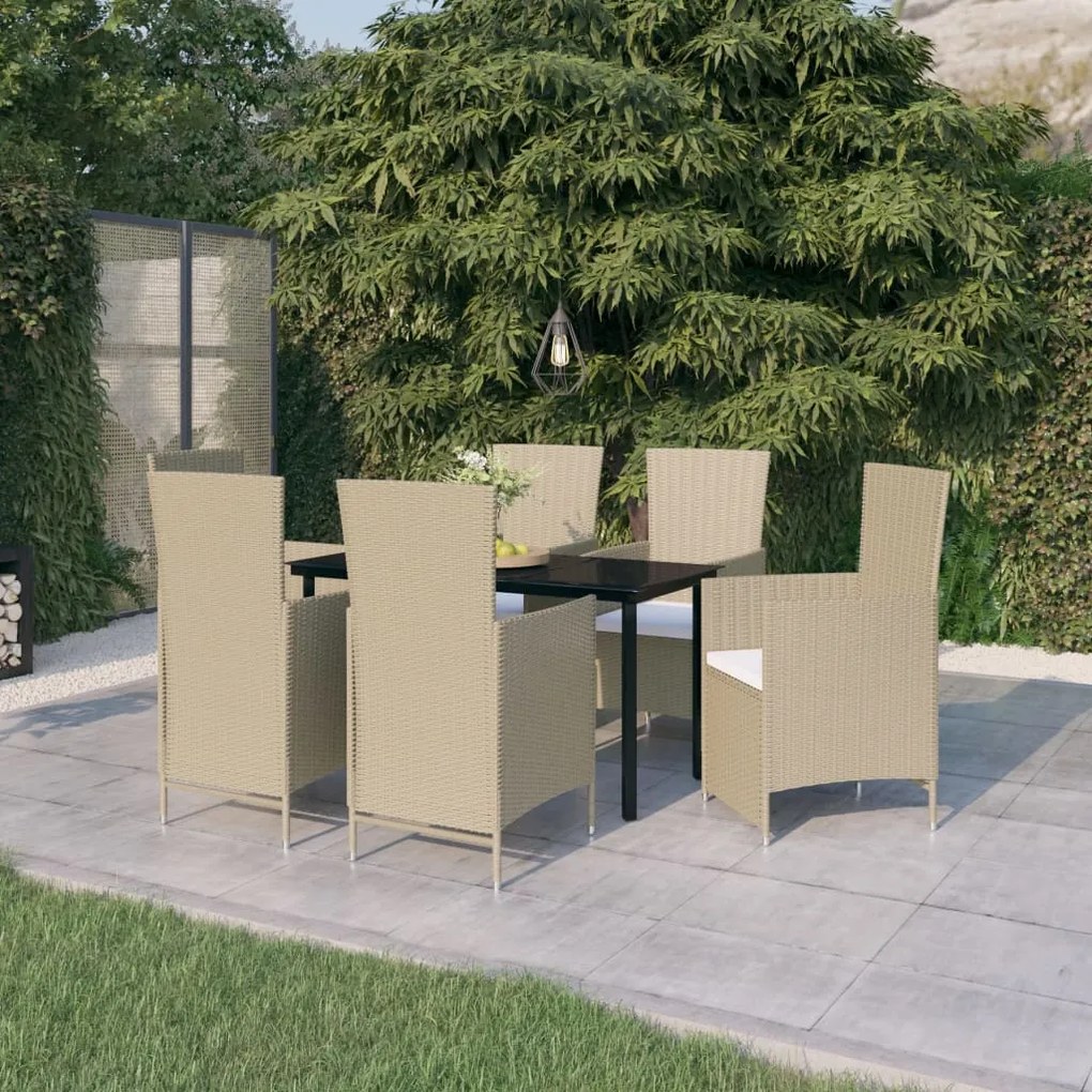 7 pcs conjunto de jantar para jardim com almofadões bege