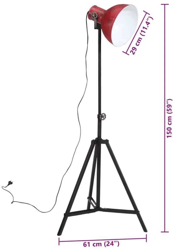 Candeeiro de pé 25 W 61x61x90/150 cm E27 vermelho desgastado