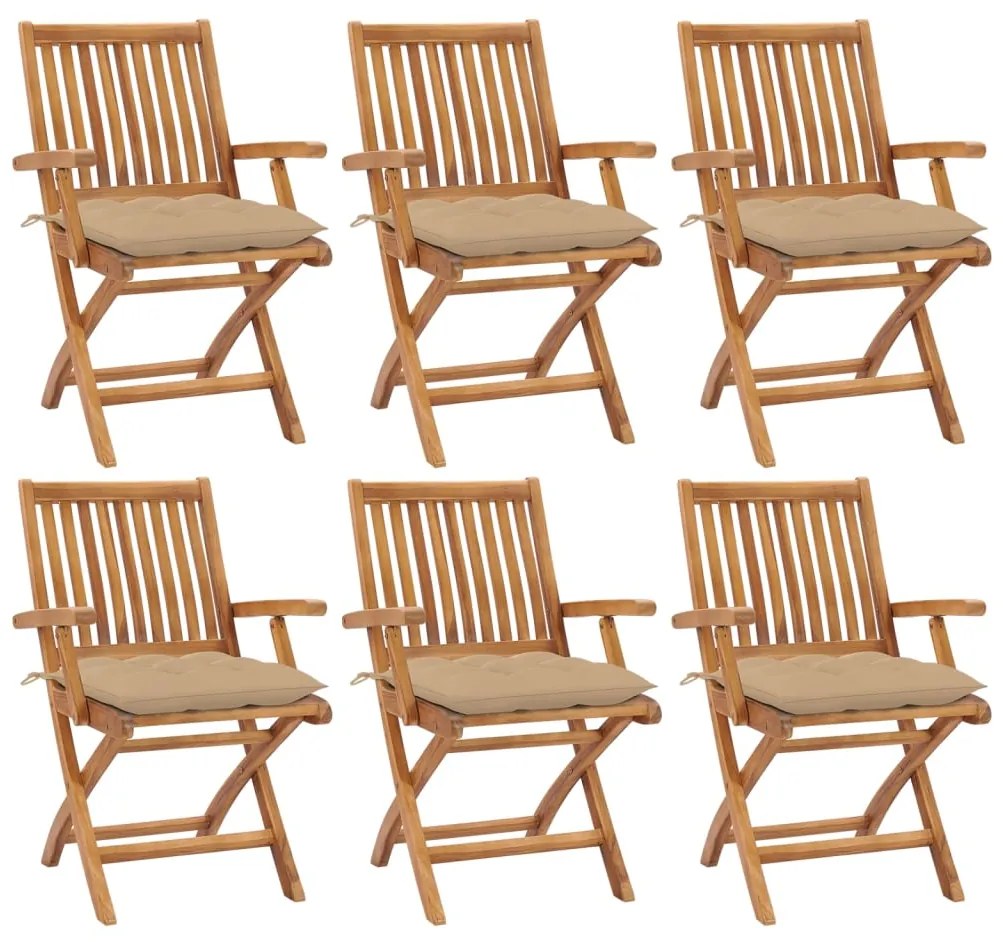 vidaXL Cadeiras de jardim dobráveis c/ almofadões 6 pcs teca maciça