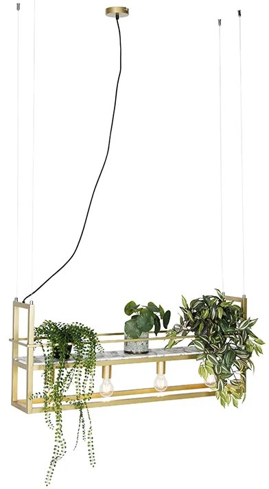 Candeeiro de suspensão industrial dourado com mármore e prateleira 4 luzes - Cage Rack Industrial