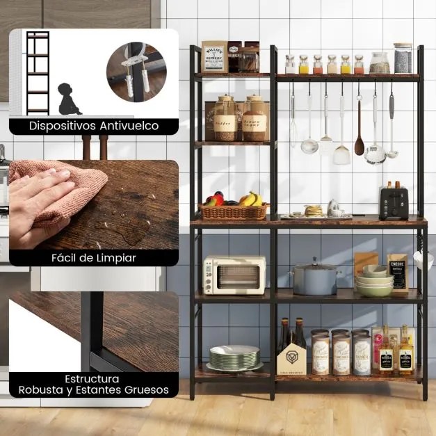 Estante de 5 níveis para cozinha com 2 tomadas e com 10 ganchos 107 x 37 x 160 cm para micro-ondas Castanha