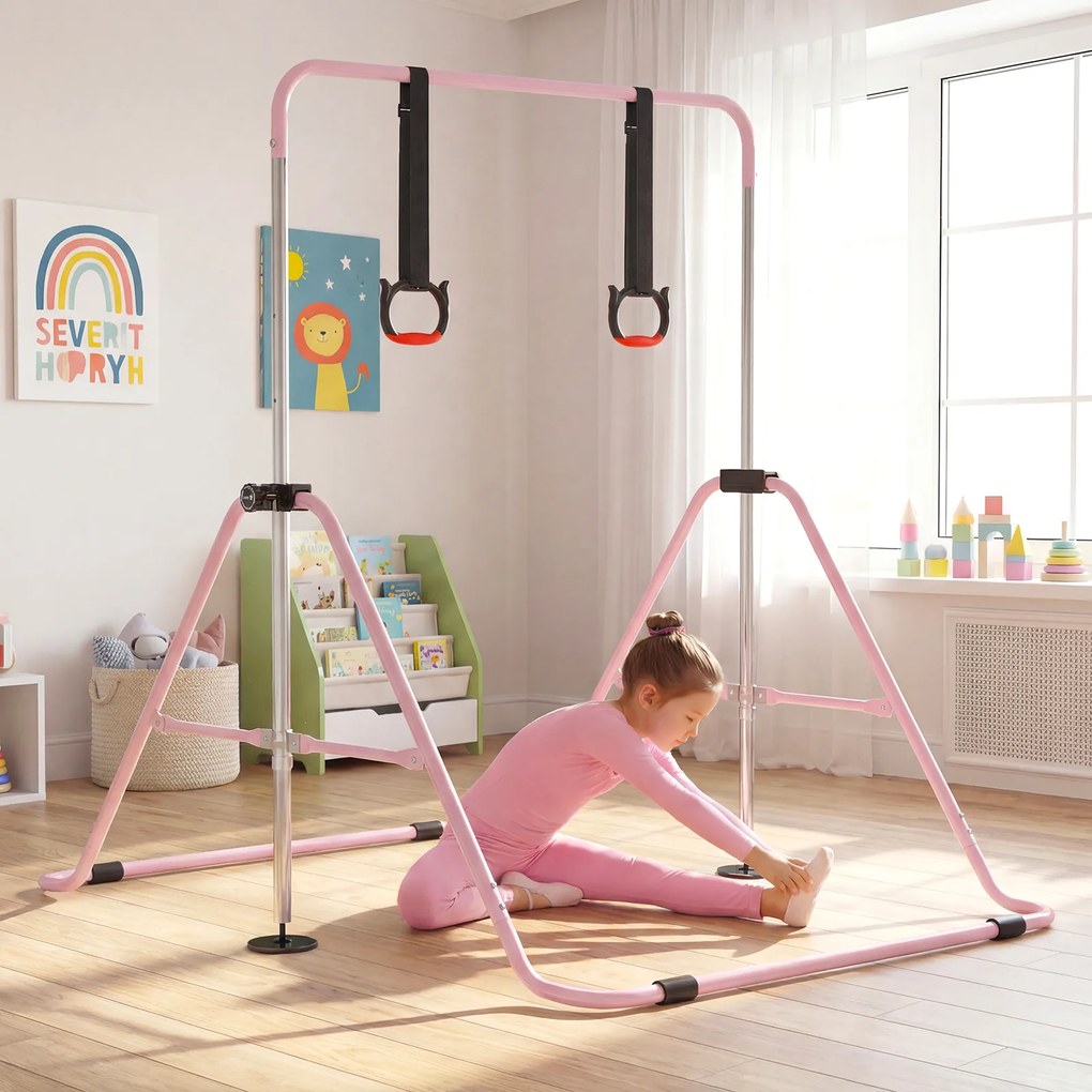 Barra de Ginástica para Crianças, 111,5 x 144,5 x 132 cm, Ajustável em 4 Níveis de Altura, Cor-de-rosa