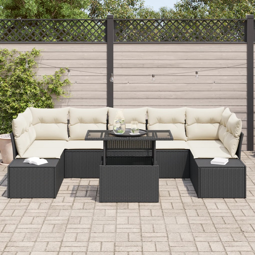Conjunto de Sofás de Jardim com 8 Peças e Almofadas em Rattan Preto