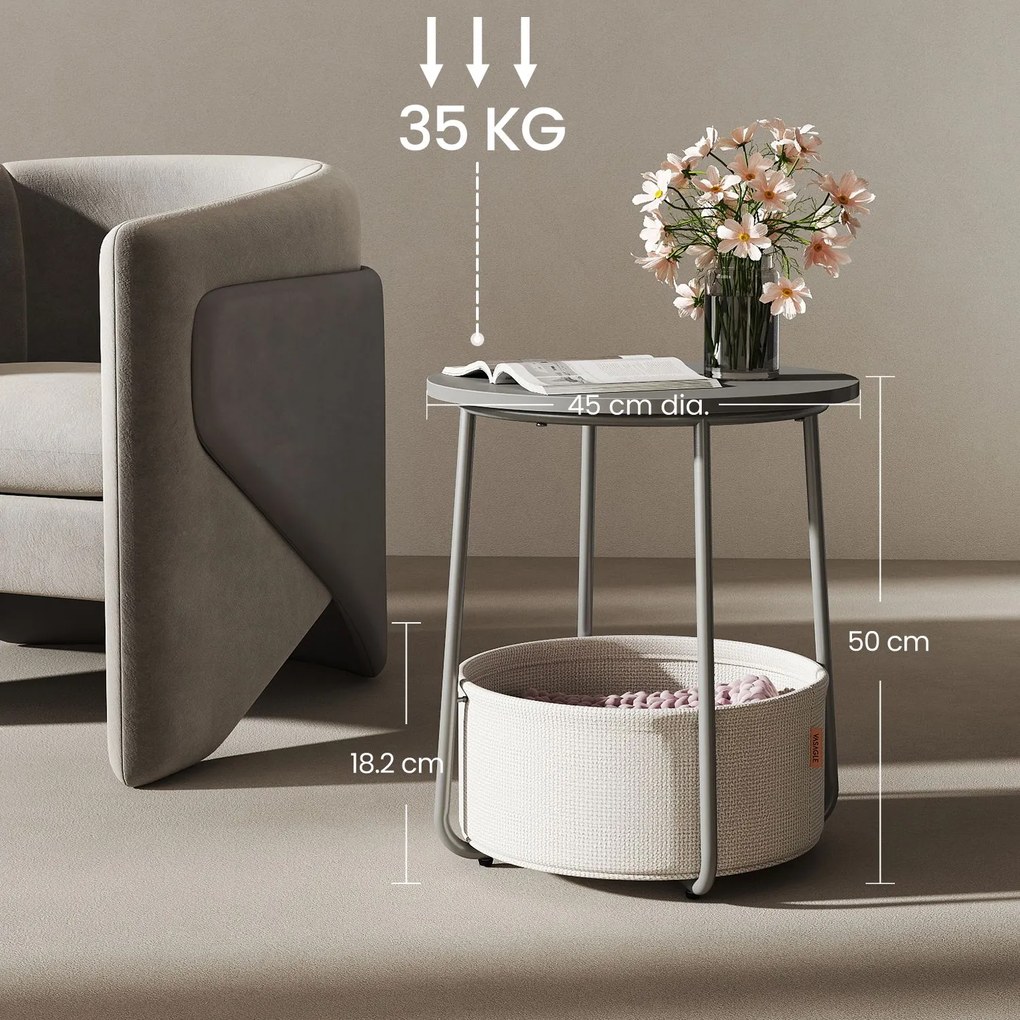 Mesa auxiliar redonda com cesto em tecido 45 x 50 cm cinza cimento + branco creme