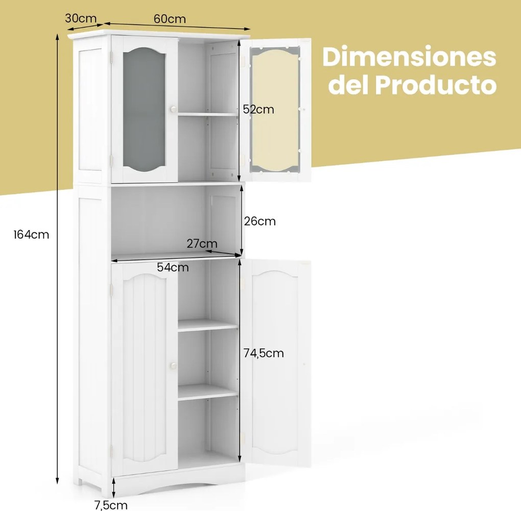 Armário de casa de banho, cozinha 60 x 30 x 164 cm com portas de vidro fosco Estantes de cozinha Sala de estar Branco