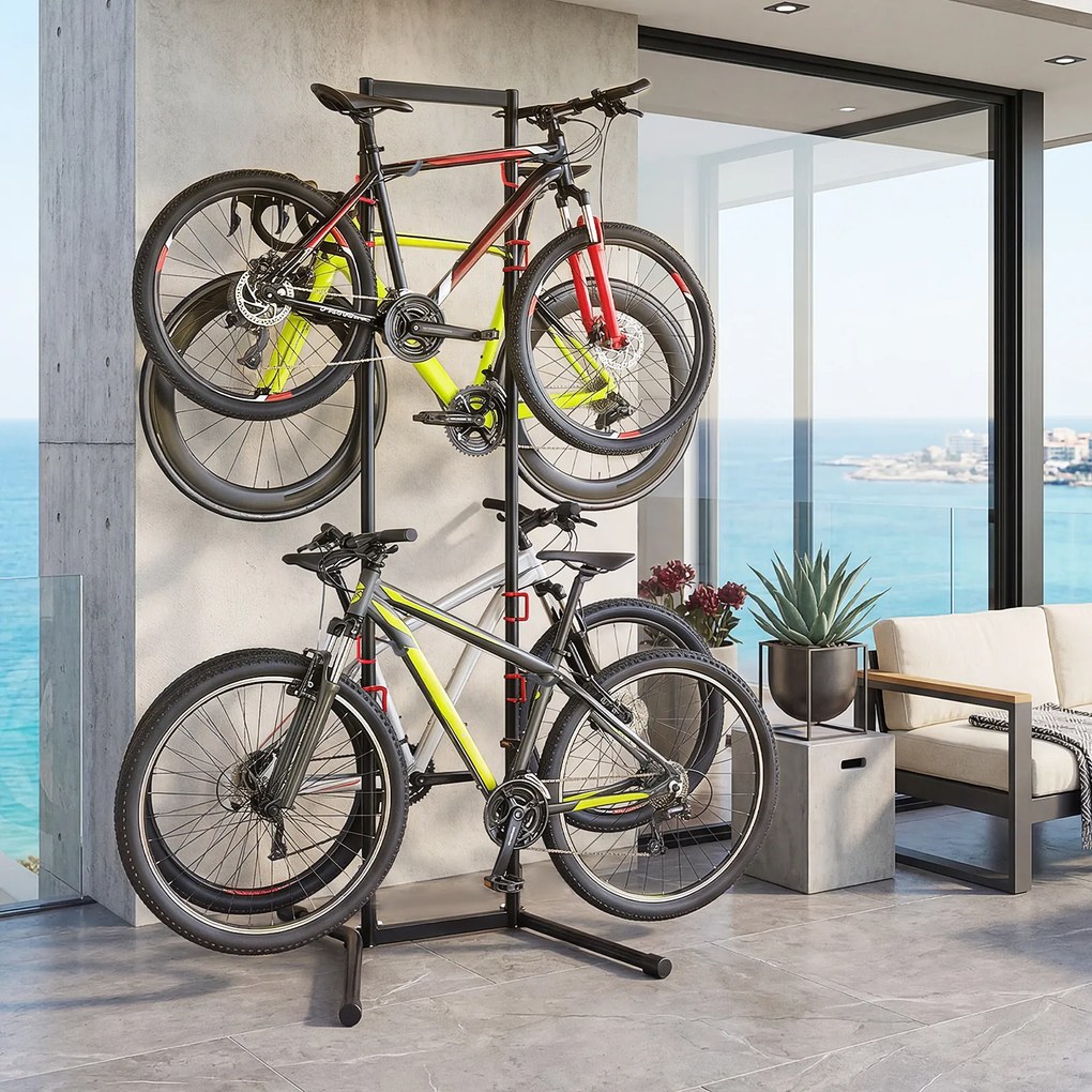 Suporte de Chão para 4 Bicicletas, 77 x 74 x 217 cm, Braços Ajustáveis, Preto