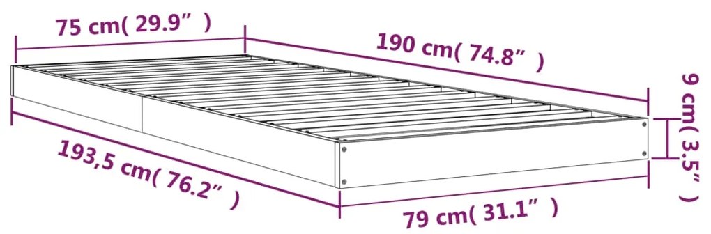 Estrutura de cama de solteiro pequena 75x190 cm pinho maciço