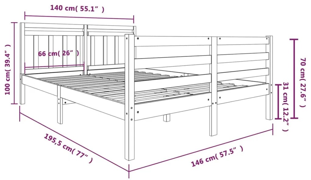 Estrutura de cama 140x190 cm madeira maciça cinzento