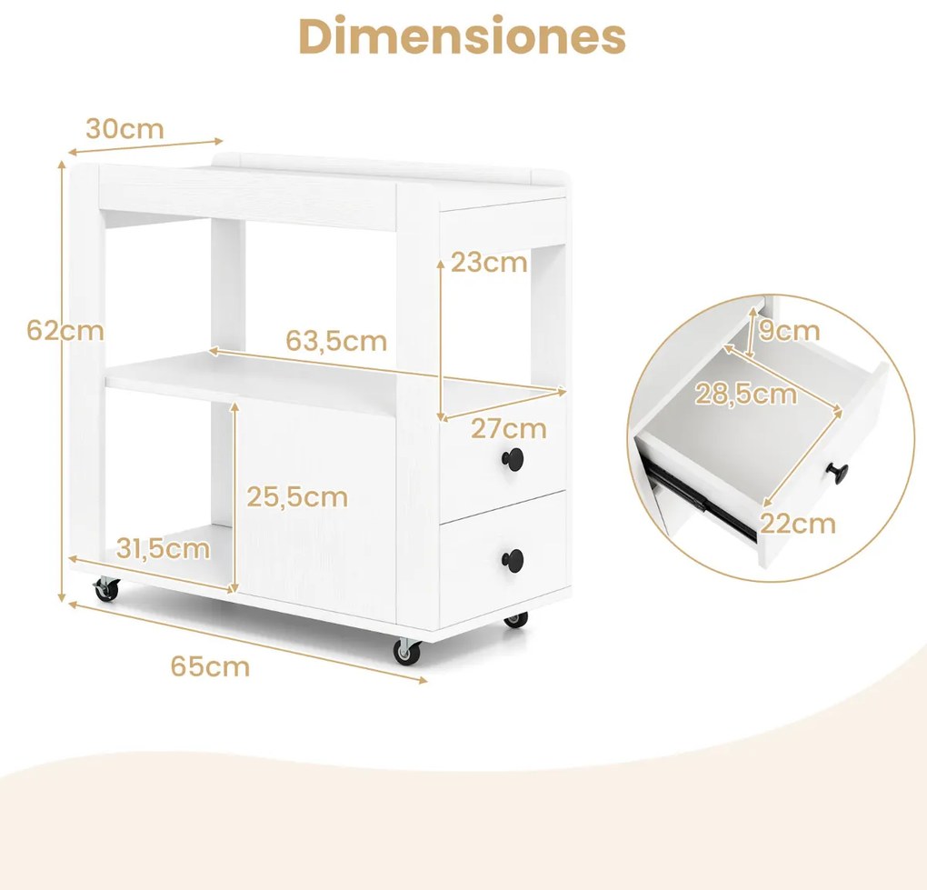 Mesa Lateral para Sofá ou Mesa de Cabeceira 65 x 30 x 62 cm com 2 Gavetas e Prateleiras Abertas com Rodas para Sala Branco