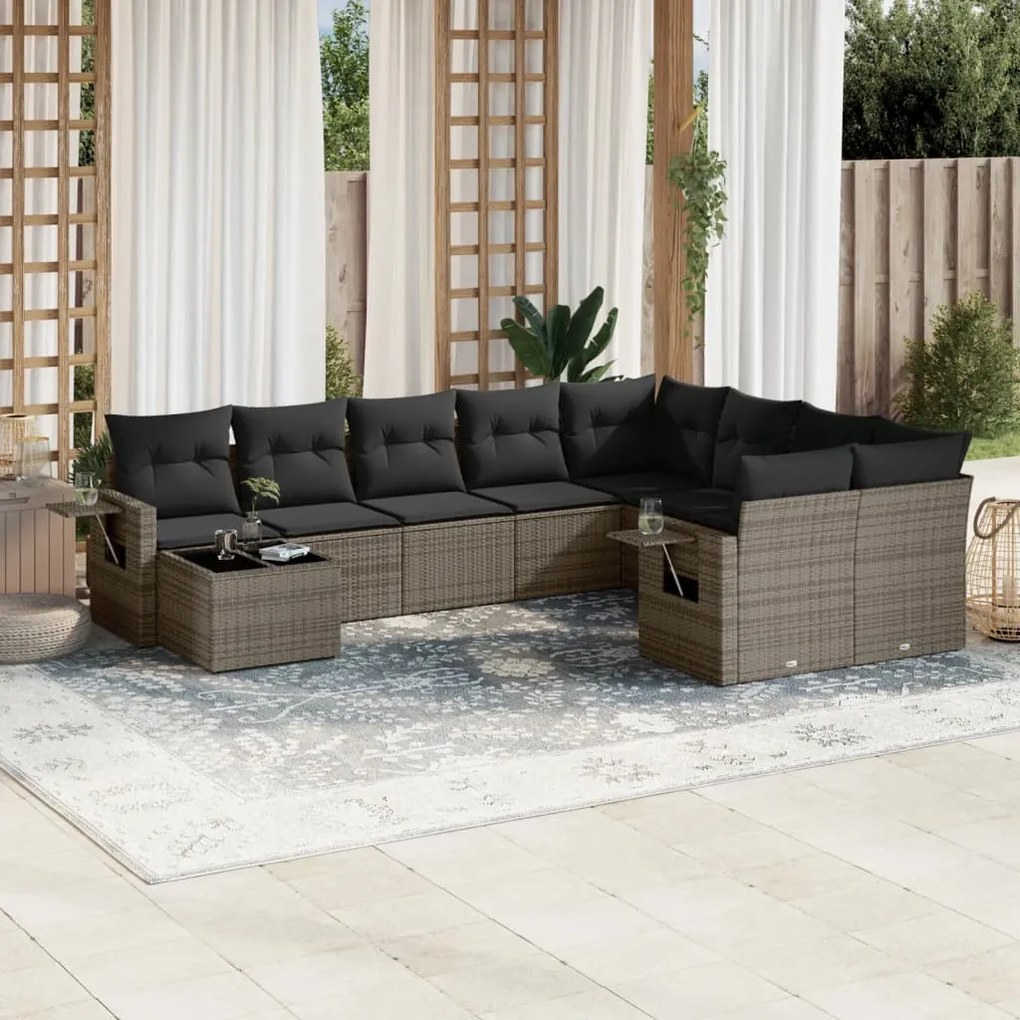10 pcs conjunto sofás de jardim c/ almofadões vime PE cinzento