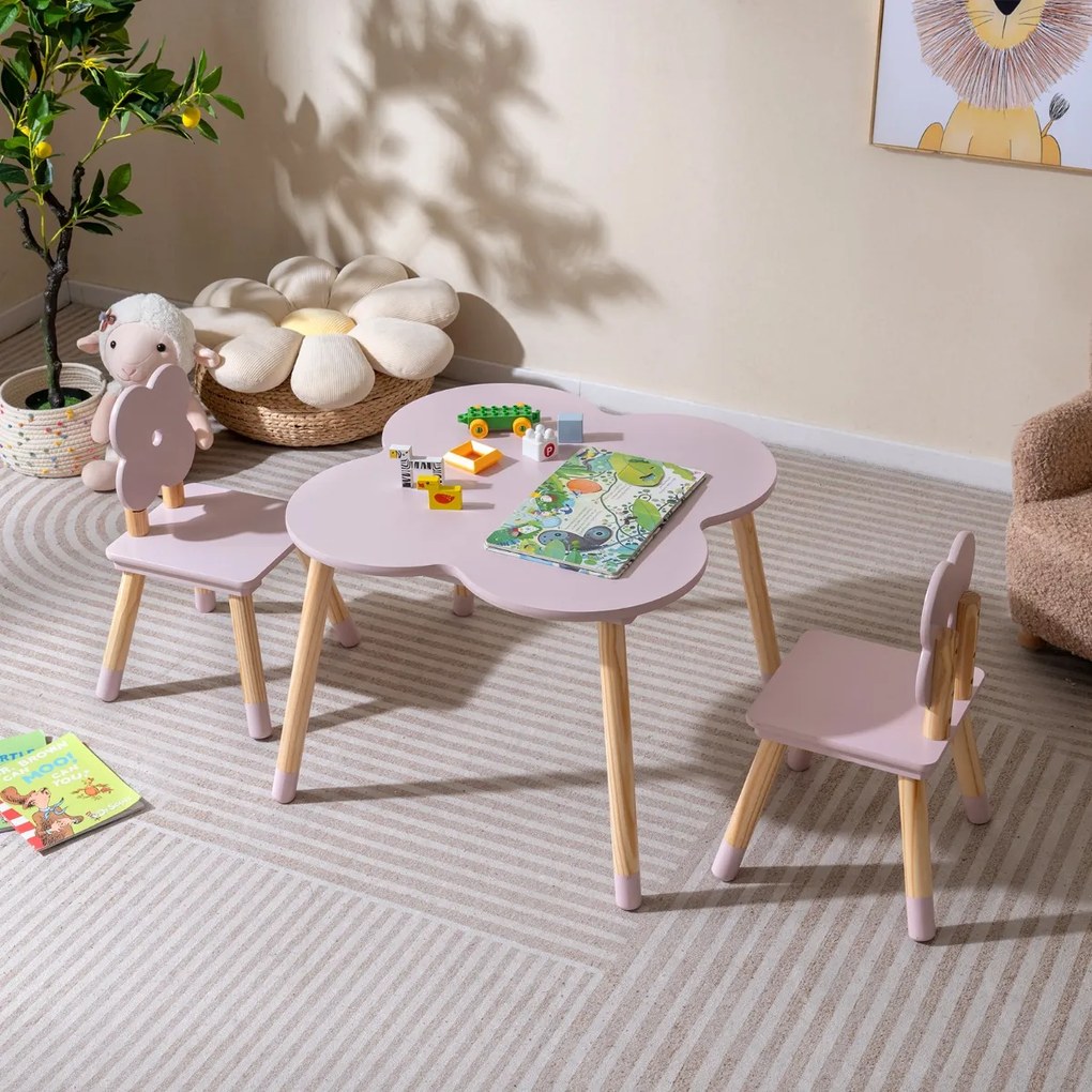 Conjunto de Mesa desenho Flor e Atividades em Madeira e 2 Cadeiras Crianças em Pinho Maciço para Crianças a partir dos 3 Anos, em Rosa e Natural