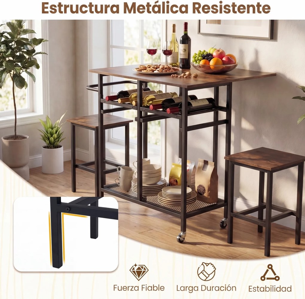 Conjunto de mesa de jantar alta de 3 peças com 2 bancos, suporte para 6 garrafas, estantes e pega lateral, mesa dobrável para cozinha, castanha