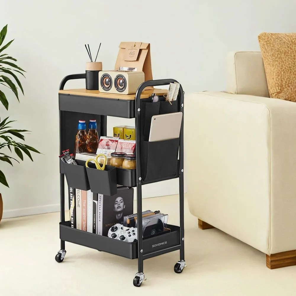 Carrinho cozinha com 3 prateleiras de grelha metálica 30,6 x 44,3 x 74,2 cm Preto