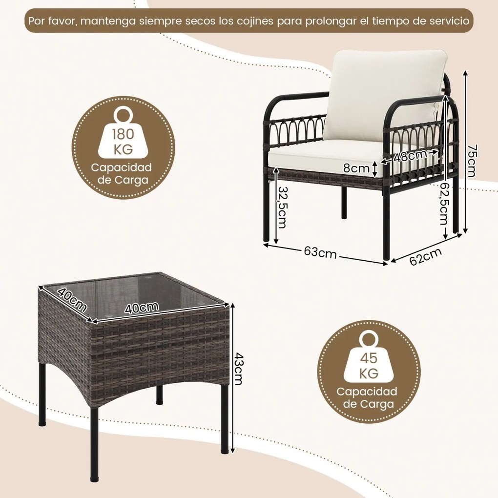 Conjunto de móveis jardim de vime de rattan de 3 peças com cadeiras almofadadas Mesa de centro de vidro temperado para varanda, pátio e pátio preto e