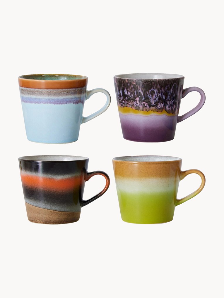 Canecas pintadas à mão com vidrado reativo 70's, conjunto de 4