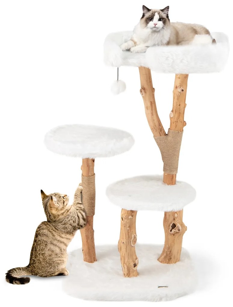 Arrranhador para gatos em madeira maciça 110 cm Torre para gatos moderna com plataforma Postes de arranhar em juta natural Bola suspensa branca