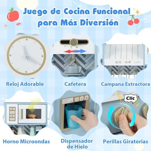 Cozinha de brincar para crianças 84 x 30 x 90 cm com fogão, torneira, pia, relógio, cafeteira, exaustor e micro-ondas azul