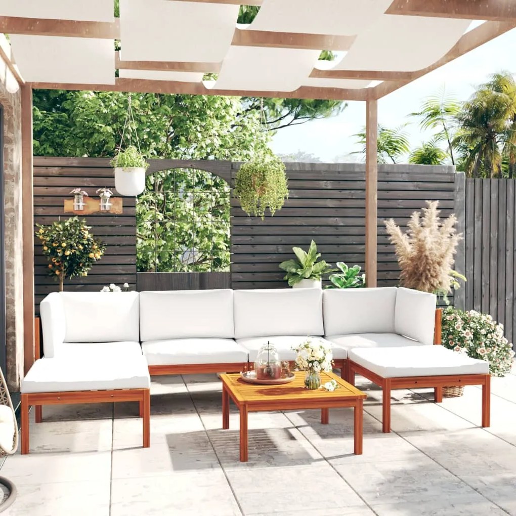 vidaXL 7 pcs conjunto lounge jardim c/ almofadões acácia maciça creme