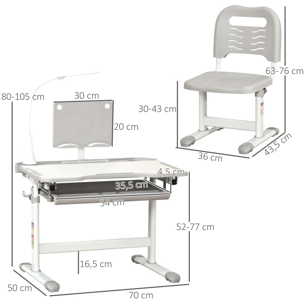 Conjunto de Secretária e Mesa para Crianças acima de 6 Anos com Altura Ajustável Mesa Inclinável e Lâmpada Cinza