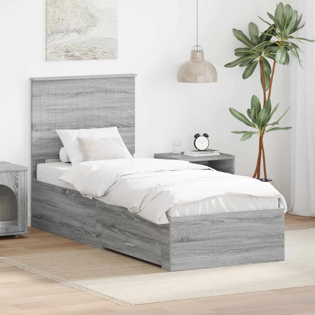 vidaXL Estrutura da Cama com gaveta Cinza Sonoma e Prata 75 x 190 cm