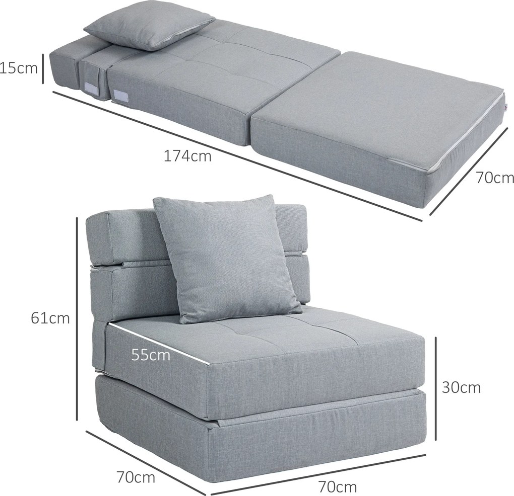 Poltrona-sofá-cama convertível de 1 lugar com 1 almofada com capa removível, tecido cinzento claro