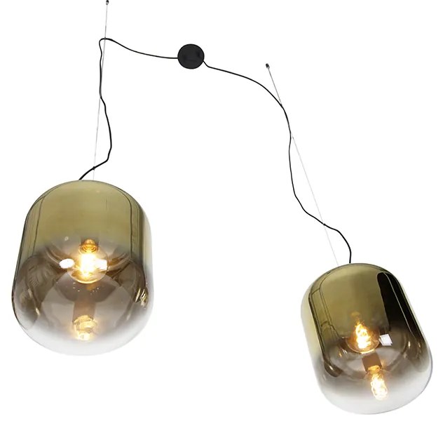 Candeeiro de suspensão design preto com vidro dourado 2-luzes - Bliss Design