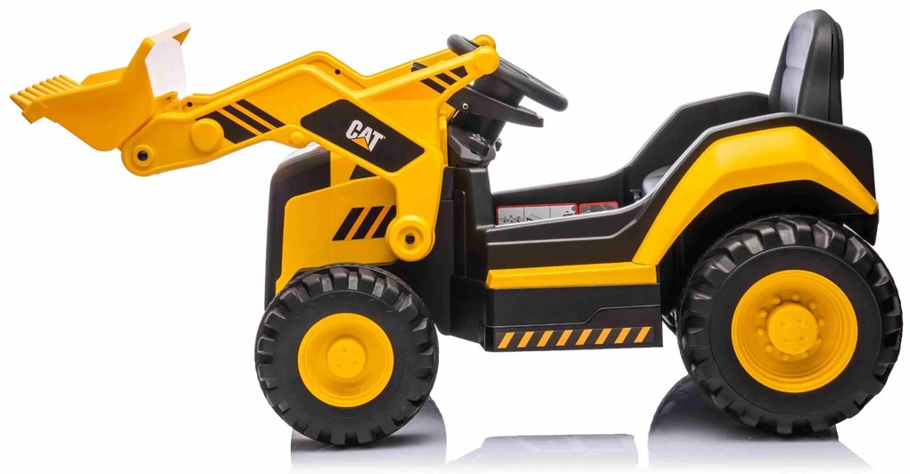 Escavadora eléctrica Crianças 12V Caterpillar licenciado, com Pá Frente, assento individual, cor amarela, entrada USB para leitor de MP3, tração trase