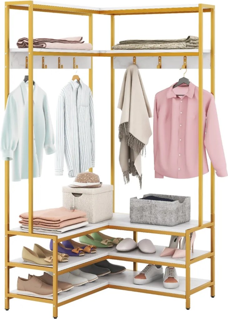 Guarda roupa aberto, móvel entrada de canto com prateleiras abertas e ganchos Banco para sapatos Estrutura metálica sólida 90 x 90 x 178 cm Branco