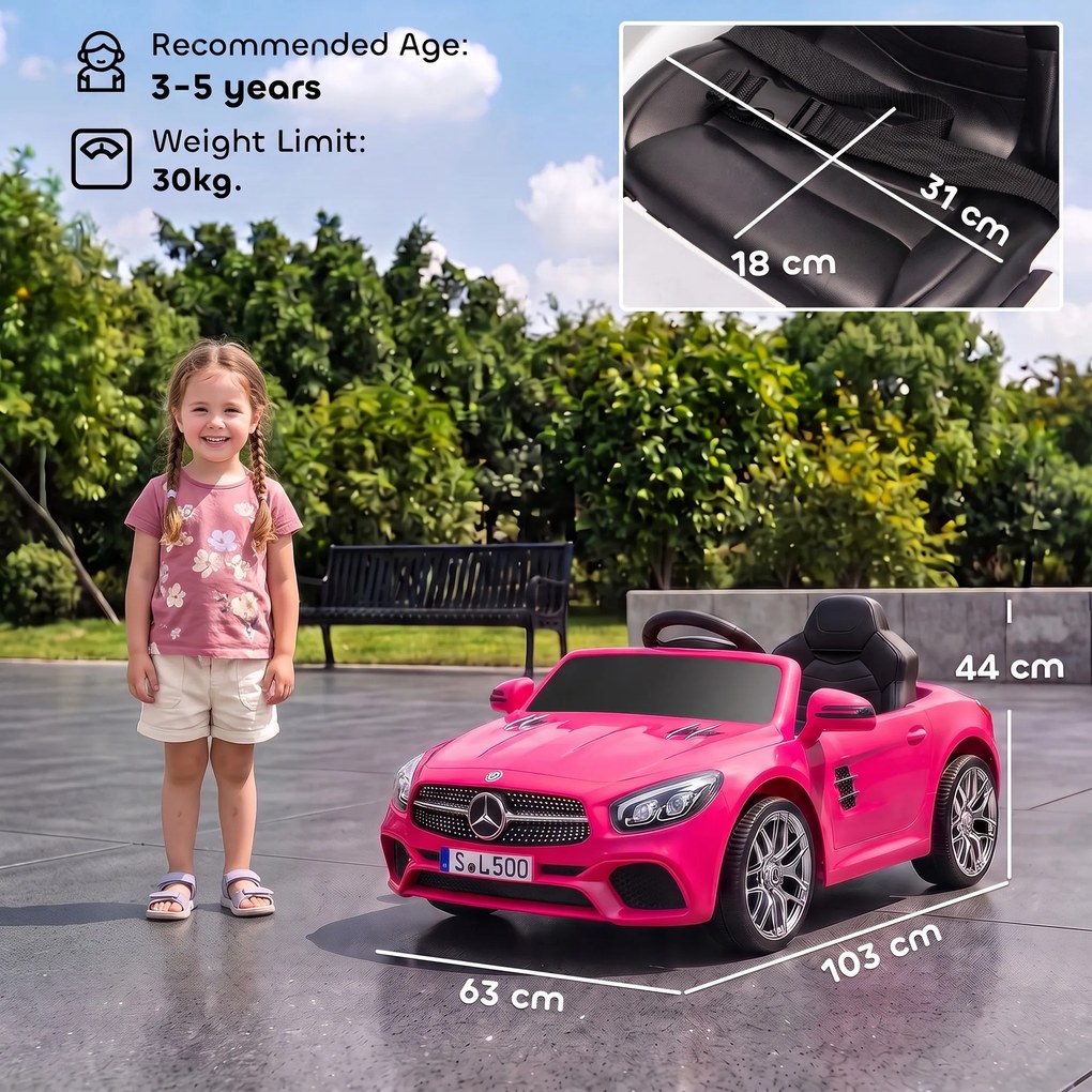 Carro Elétrico Infantil Mercedes-Benz SL500 12 V com Controlo Remoto 2,4 GHz, 2 Motores, Suspensão e Arranque Suave, Rosa