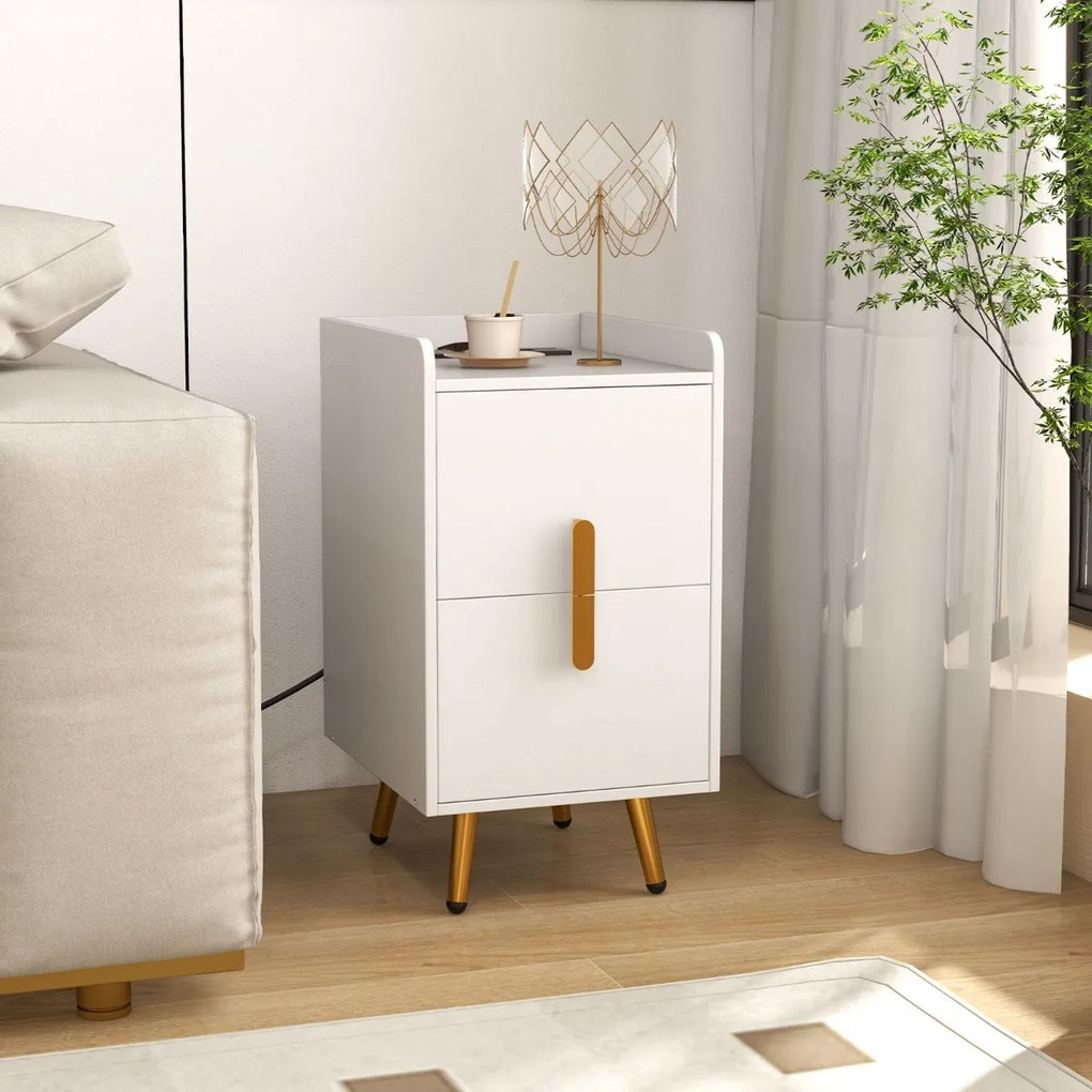 Mesa de cabeceira ou mesa apoio com 2 gavetas 40 x 32 x 60 cm e Estação de carregamento Pernas de metal resistentes branco
