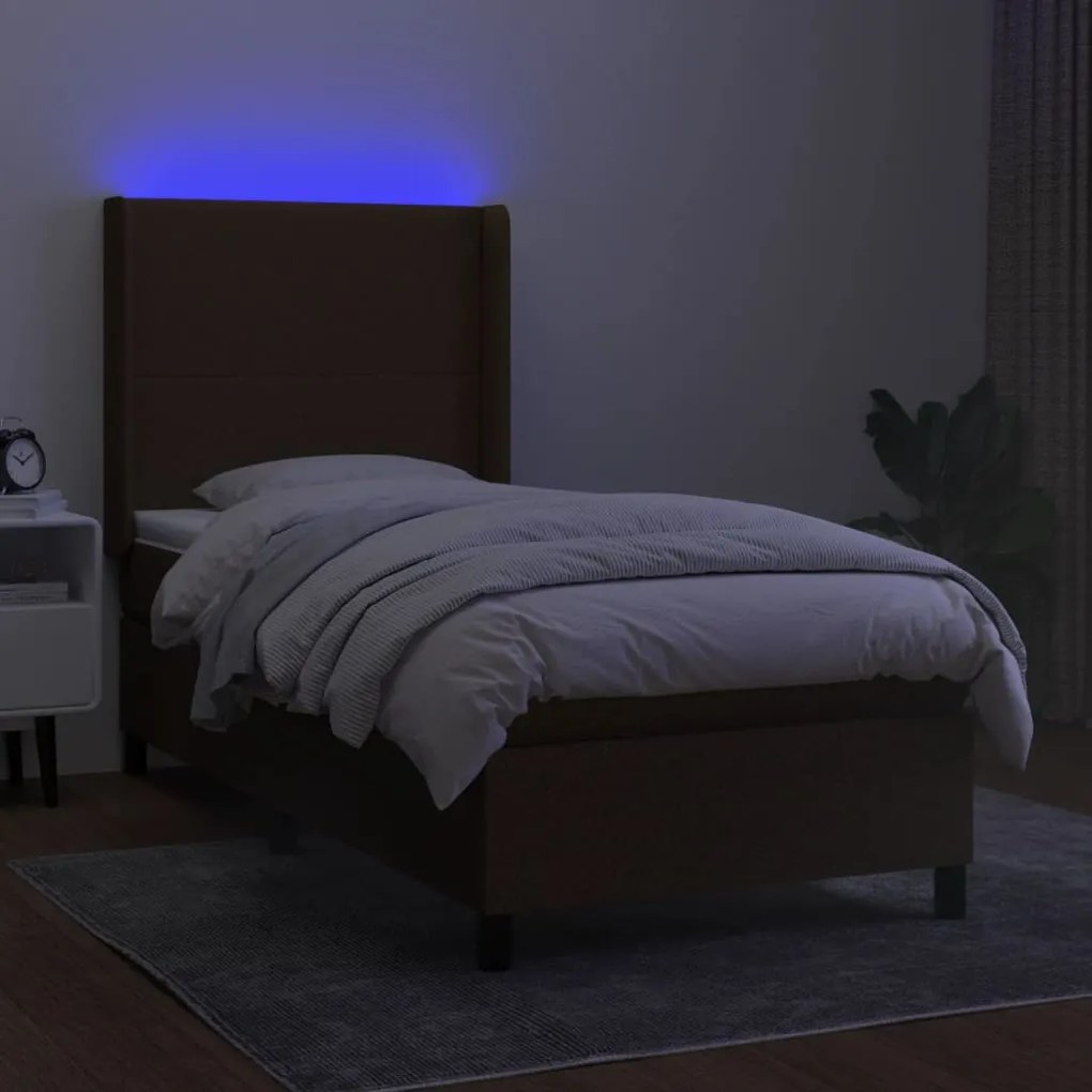 Cama box spring c/ colchão/LED 90x190 cm tecido castanho-escuro